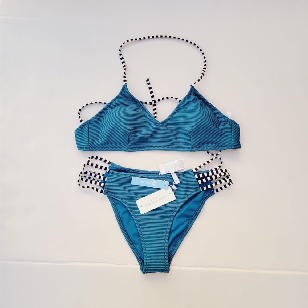 CUPSHE WOMEN'S SOLID BLUE WITH STRIPPED LACE BIKINI SIZE MEDIUM